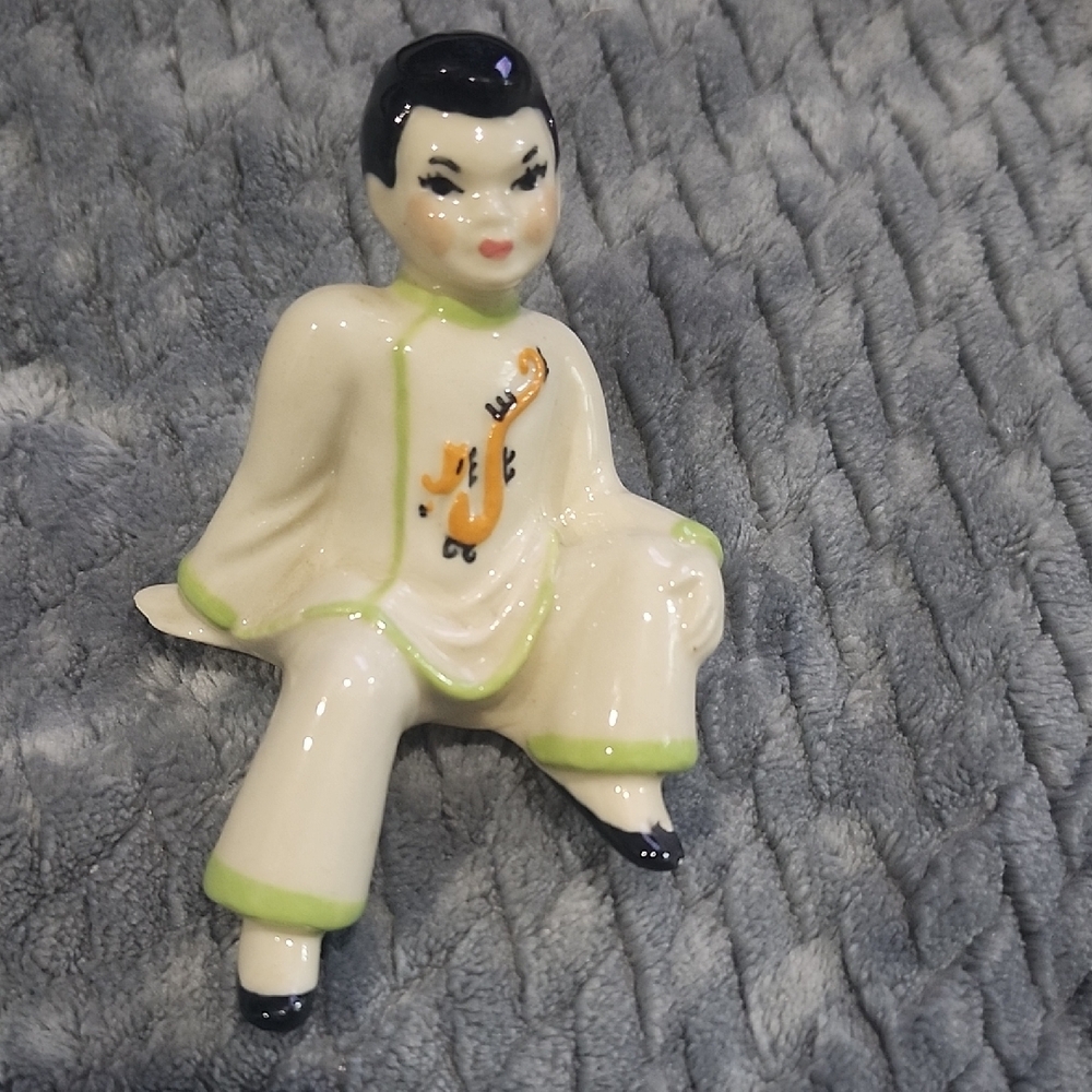 Vintage Chinese Boy Porcelain Figurine with Green Accents